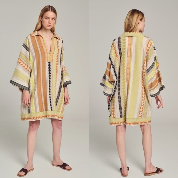 Devotion TWINS Dresses & Skirts - Devotion Twins Creme Yellow Embroidered Oxia Geo Kaftan Dress Sz M Boho Coastal